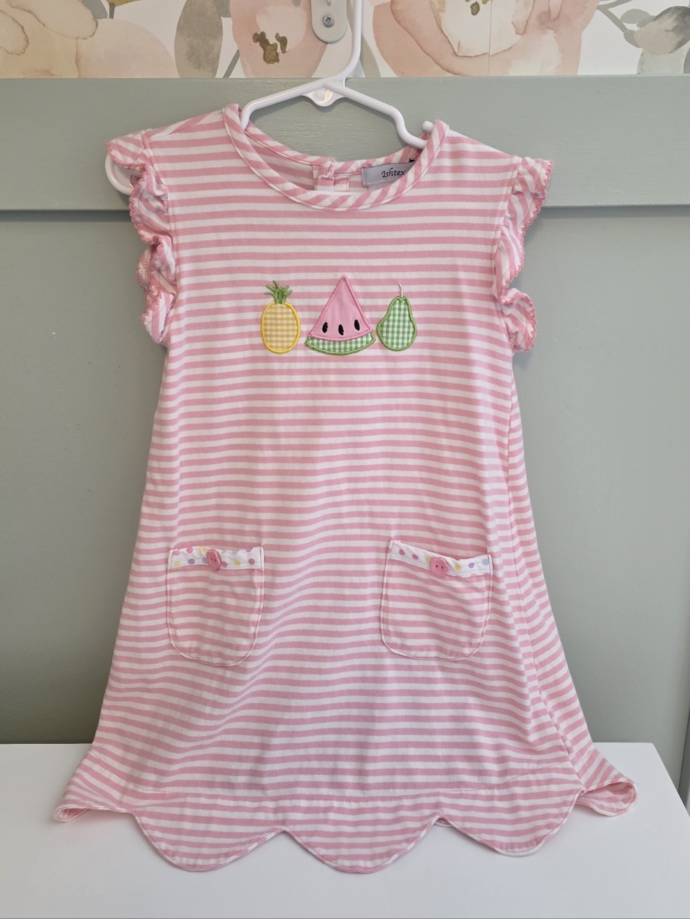 Ishtex Pink Watermelon Pineapple Striped Fruit Applique Smocked Dress 4t